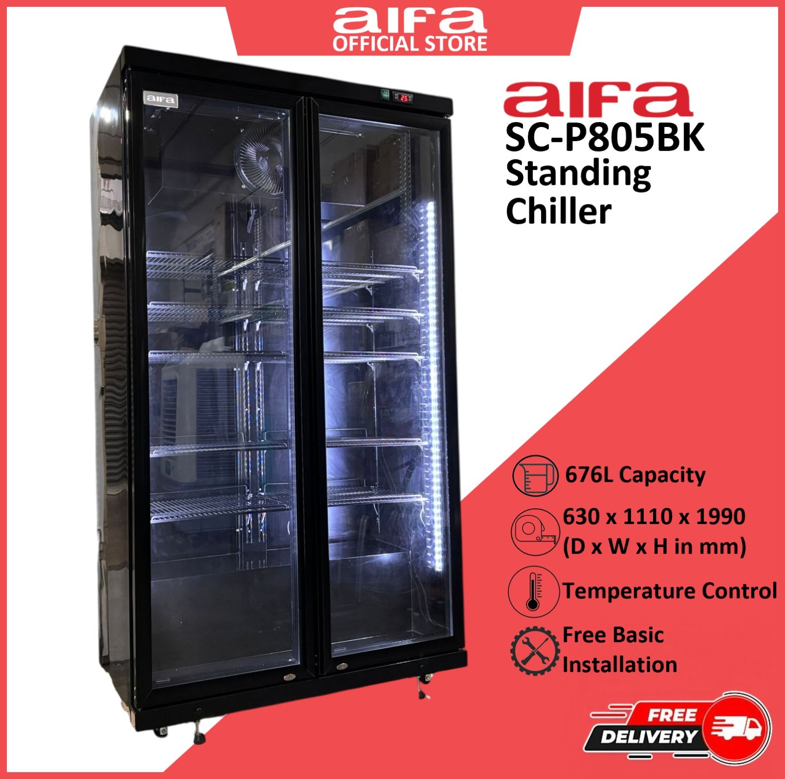AIFA SC-P805BK 2 Door Standing Chiller, Adjustable Shelving, 676L Capacity, Lightings, Glass Door