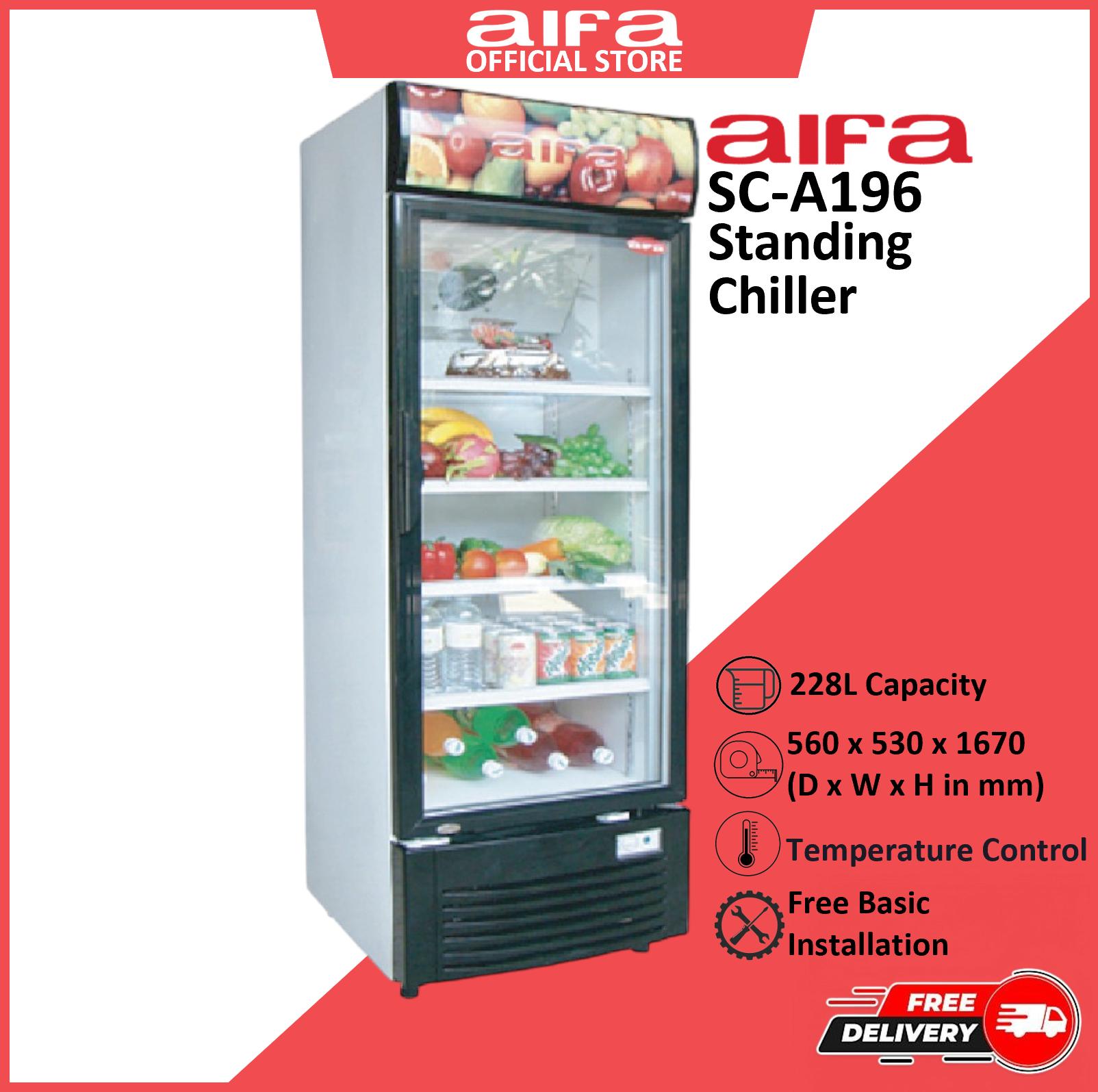 Aifa Chiller Showcase 228L Temperature Control Settings & Key Door Lock & Lighting- SC-A196