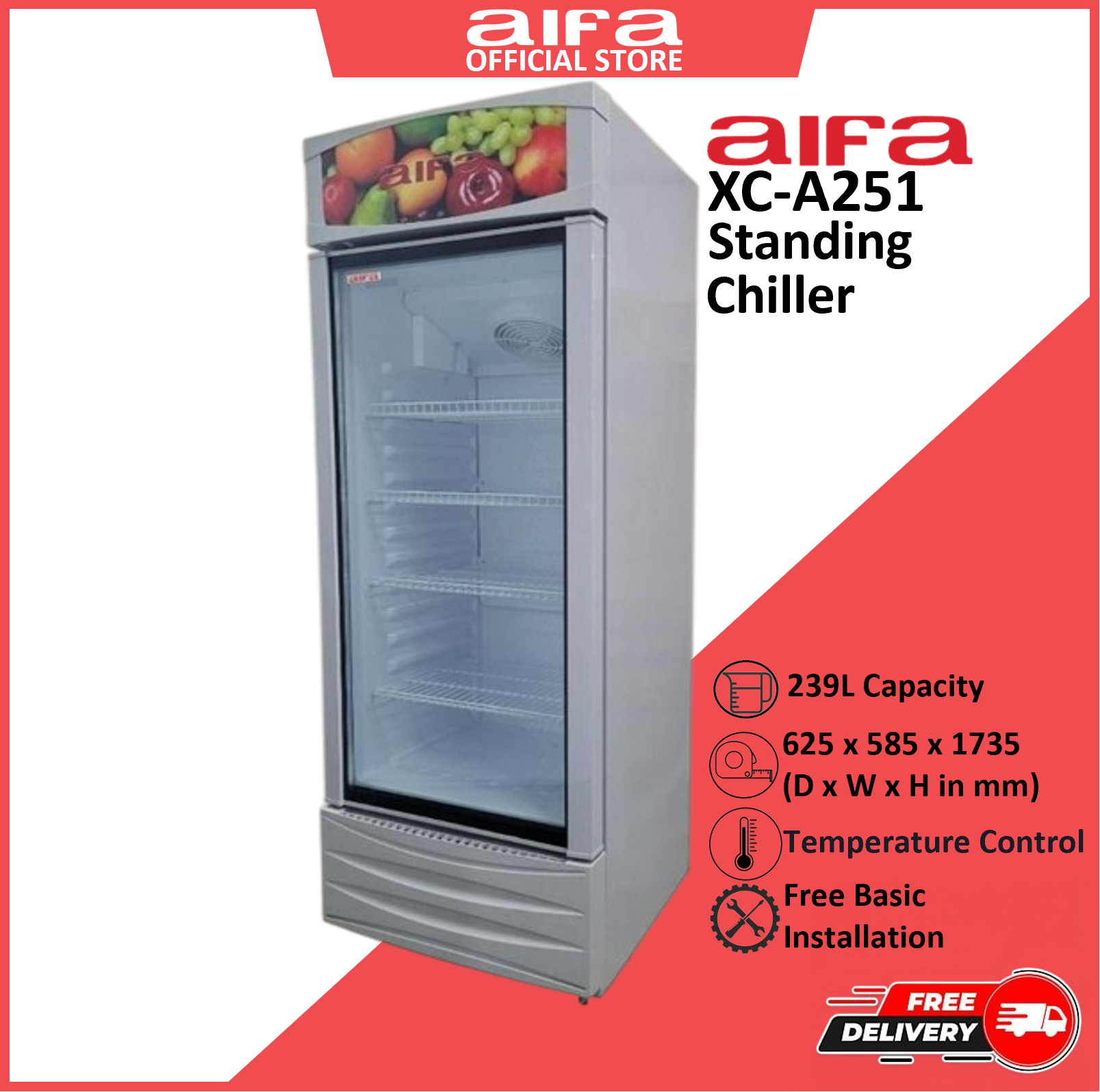 Aifa Glass Door Standing Chiller, Adjustable shelves, Lock, 239L capacity - XC-A251
