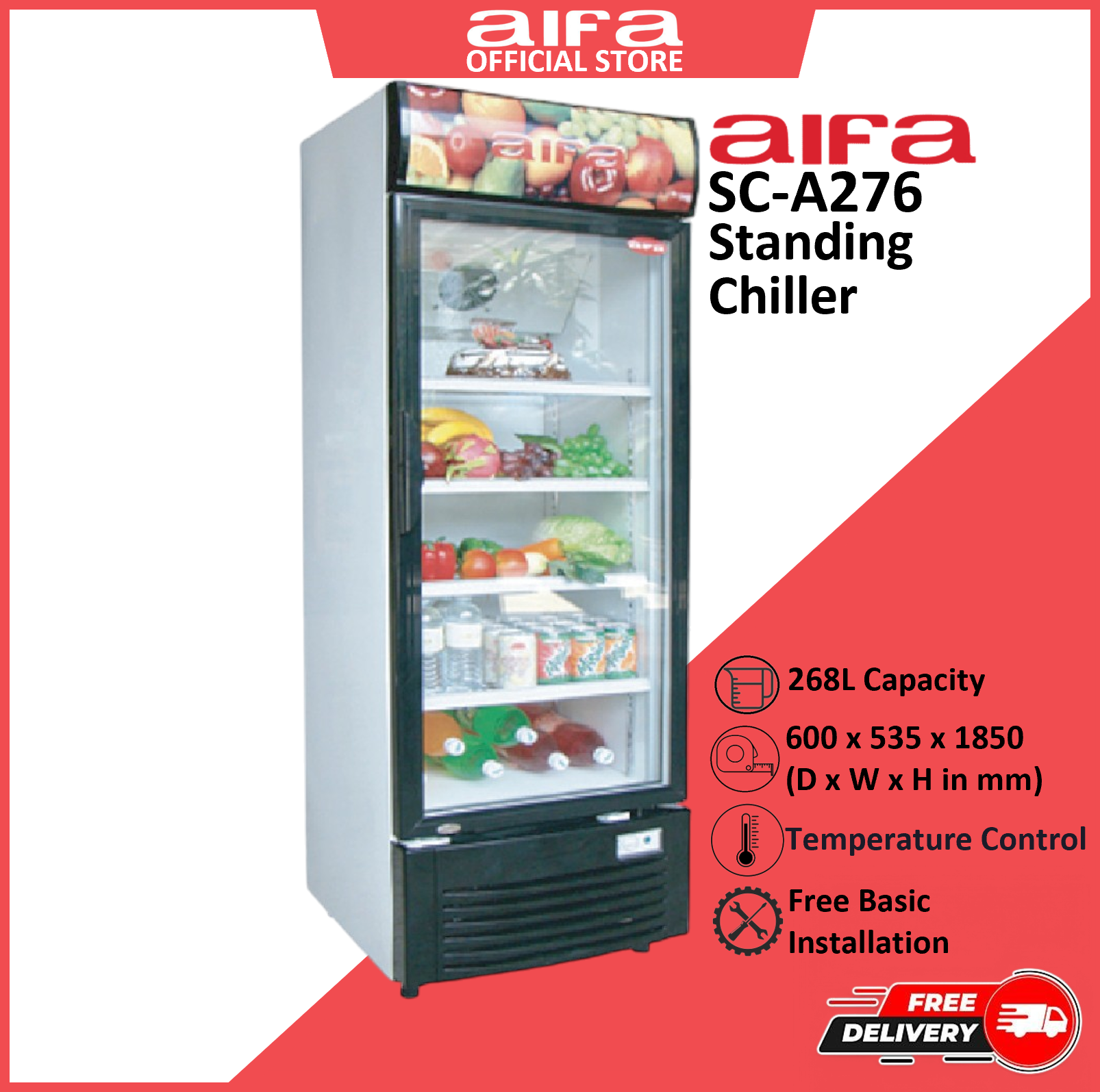 Aifa Chiller Showcase 268L Temperature Control Settings & Key Door Lock & Lighting- SC-A276