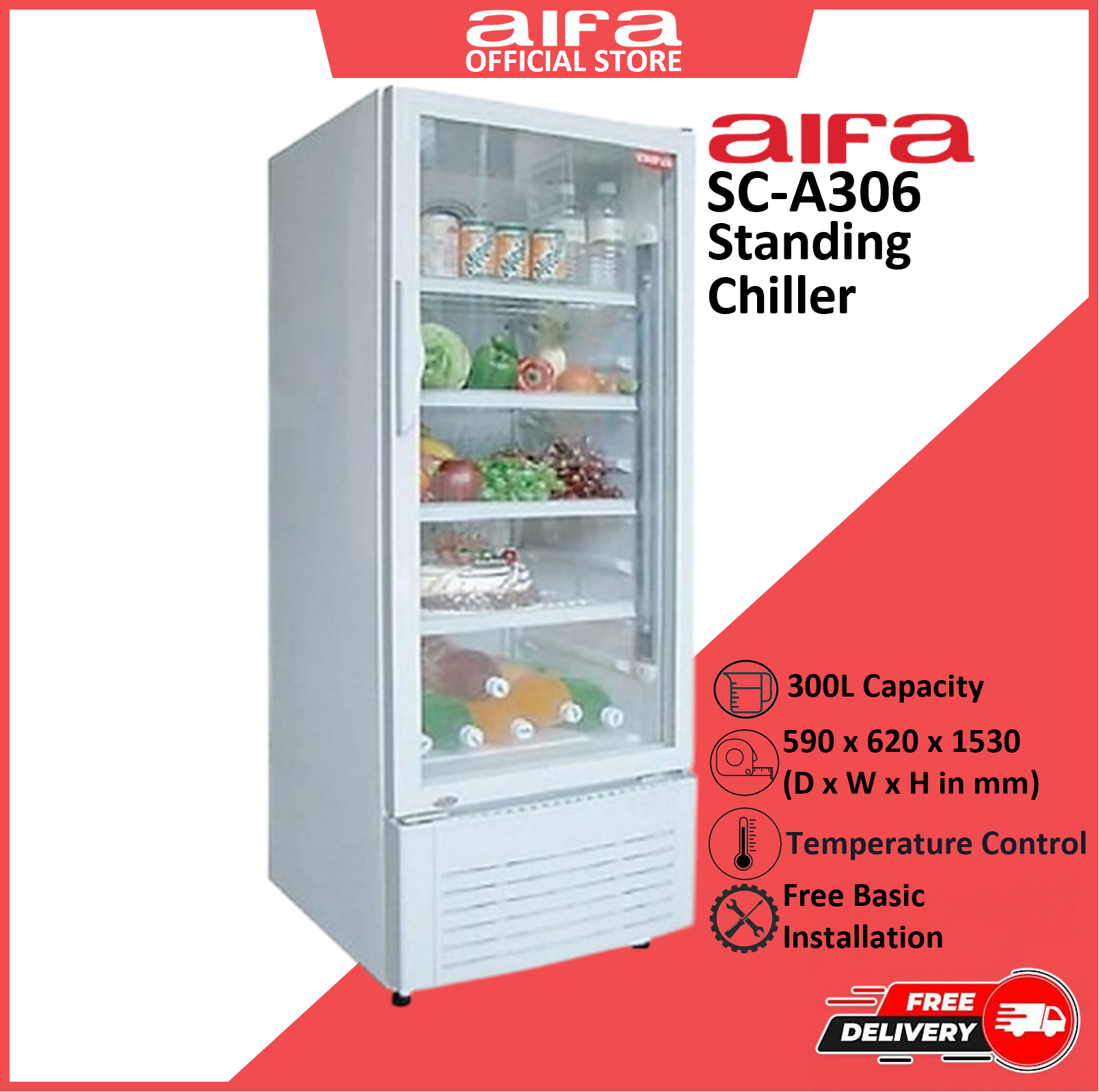 Aifa Standing Chiller, Drinks Display Showcase(4 Trays), 300L Capacity - SC-A306