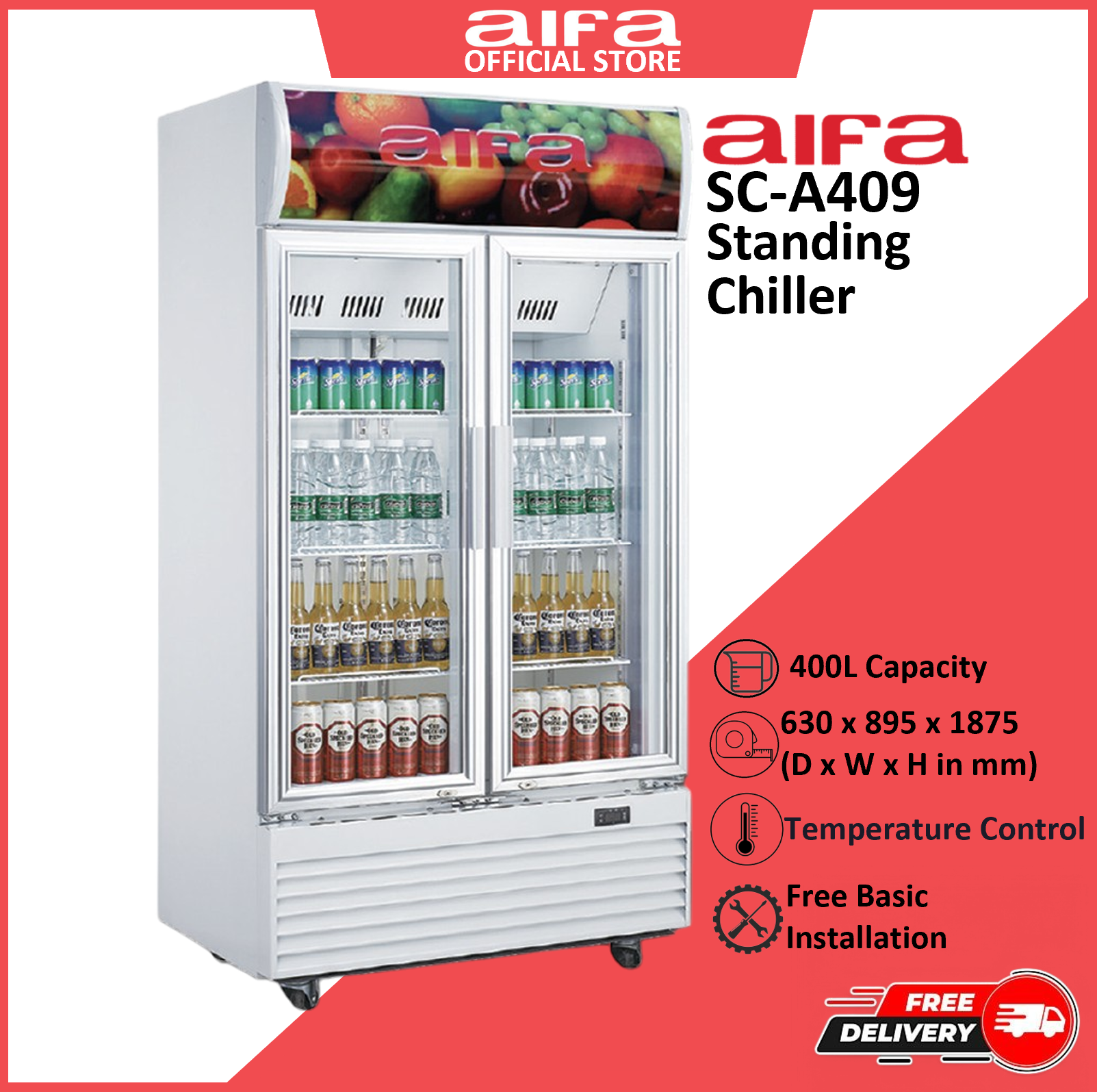 Aifa SC-A409 2 Door Standing Chiller, Adjustable Shelving, 400L Capacity, Lightings, Glass Door