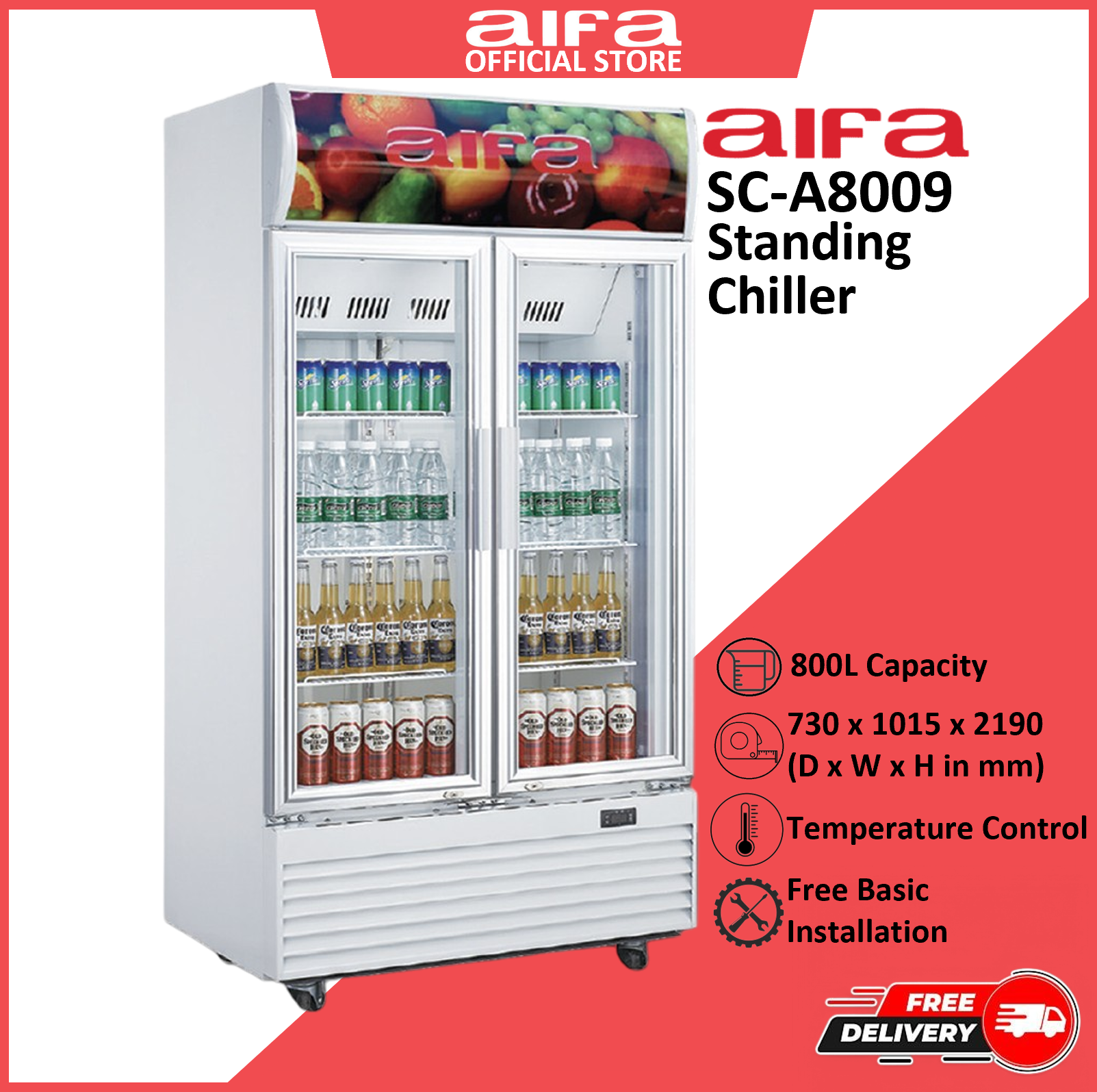 Aifa SC-A8009 Glass Door Standing Chiller, 800L Capacity, Glass doors for clear visibility