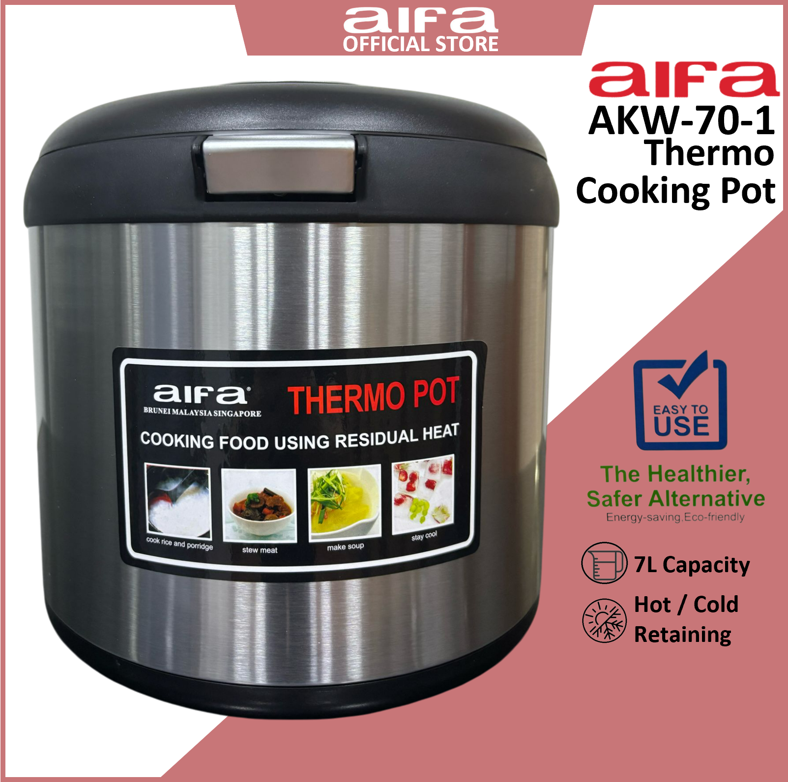 Aifa Thermo Cooking Pot, 7L Capacity, Supports Cold and Hot Retaining, Healthier, Safer - AKW-70-1