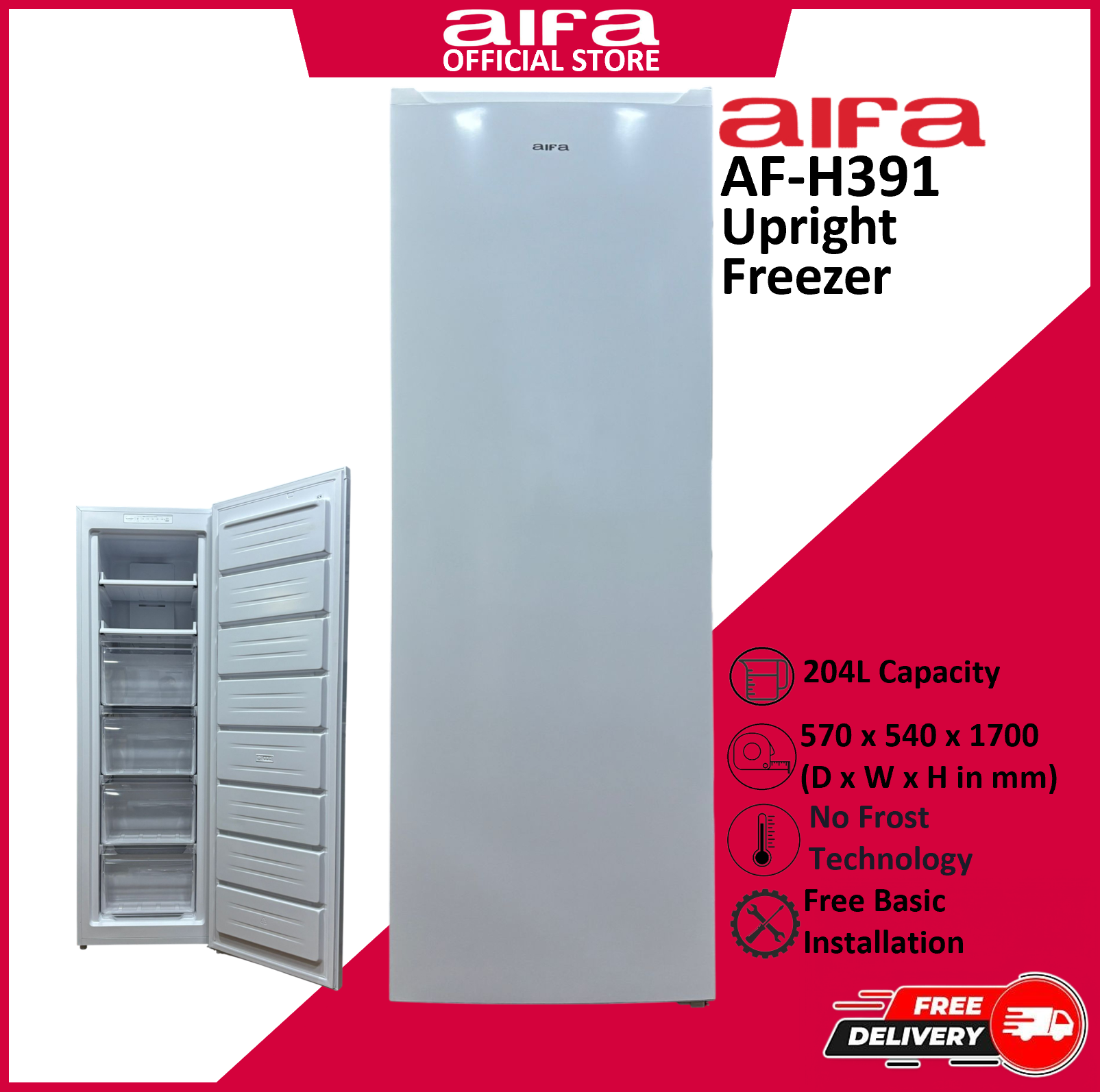 Aifa AF-H391 Upright Freezer, 204L Capacity, No Frost, Sleek White Design