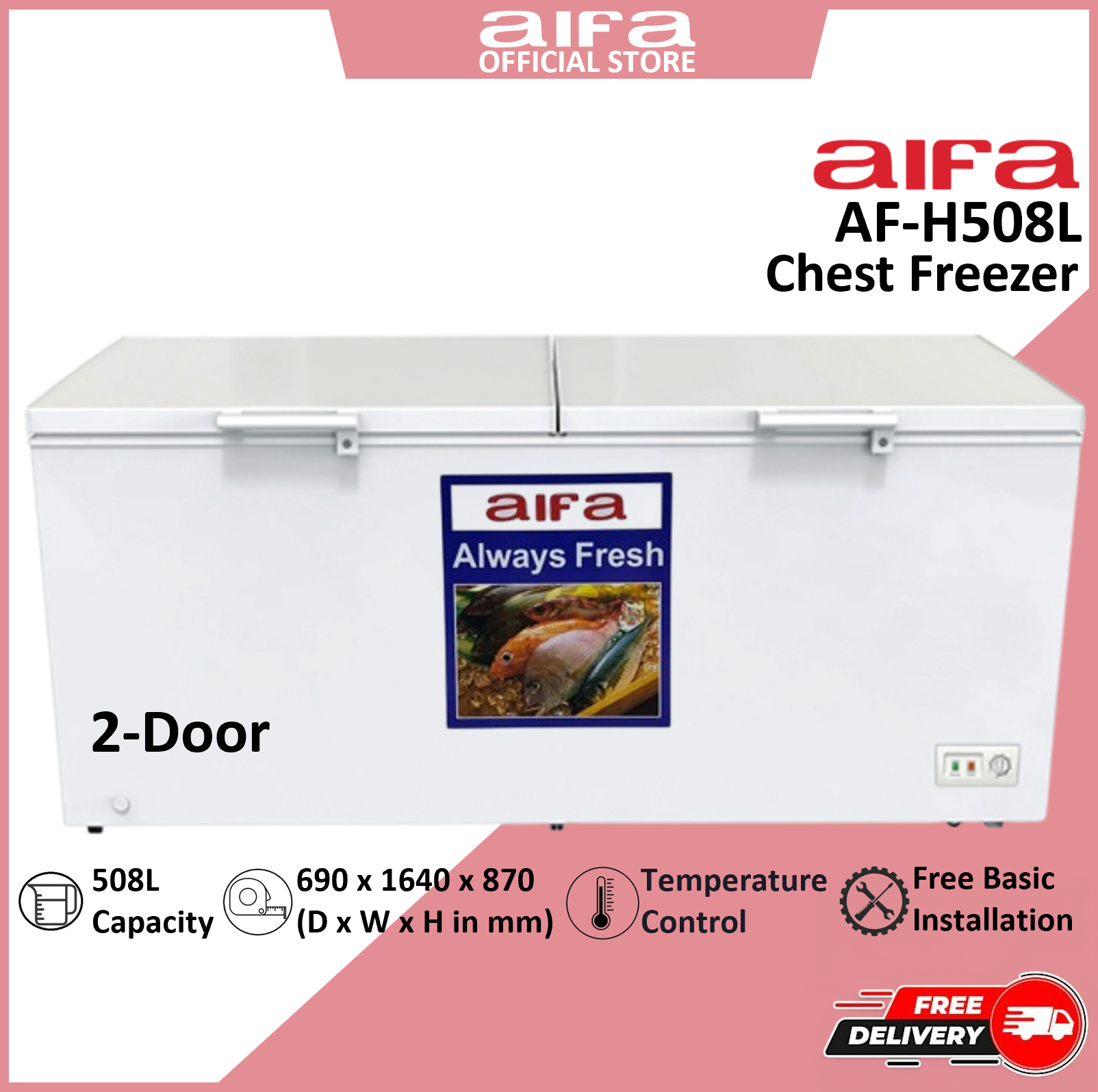 Aifa AF-H508L-2 Door Chest Freezer, Top Opening Door, 508L Capacity