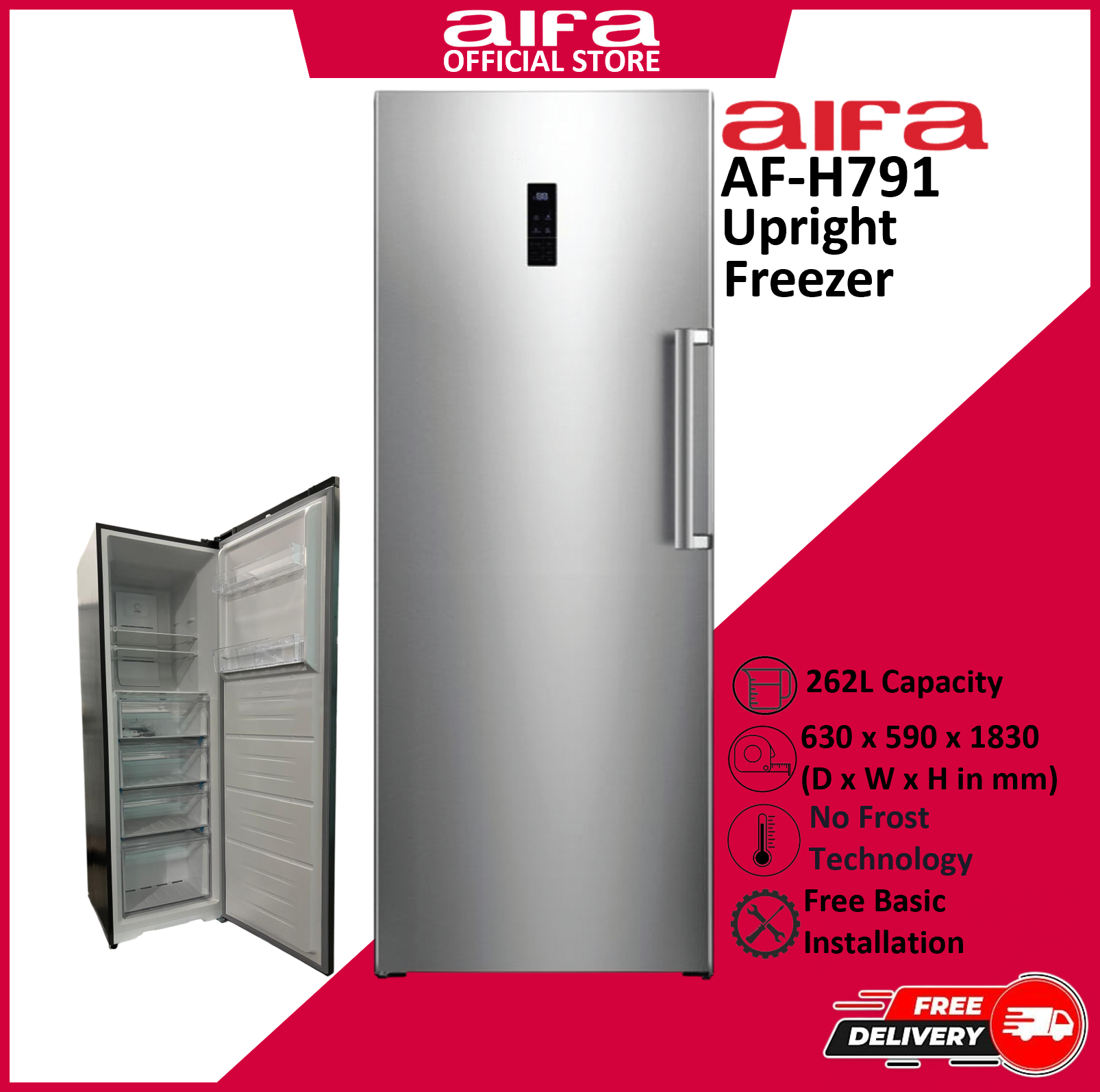 Aifa AF-H791 Upright Freezer, 262L Capacity, Single Door Freezer, No Frost