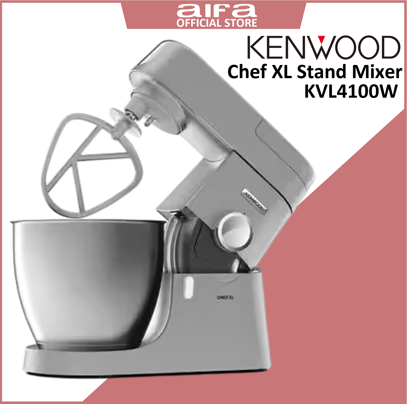 Kenwood Chef XL Stand Mixer KVL4100W, Stainless Steel Bowl, 1200W Motor, Whisk and Dough Hook Attachments