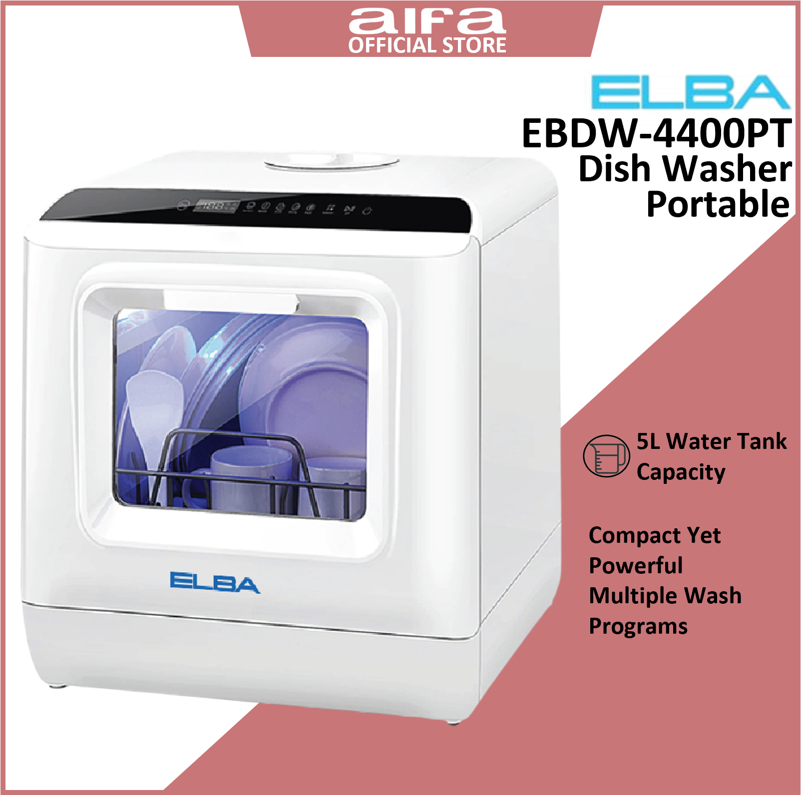 Elba EBDW-4400PT Portable Dishwasher, Compact yet powerful, designed to fit seamlessly in small kitchens