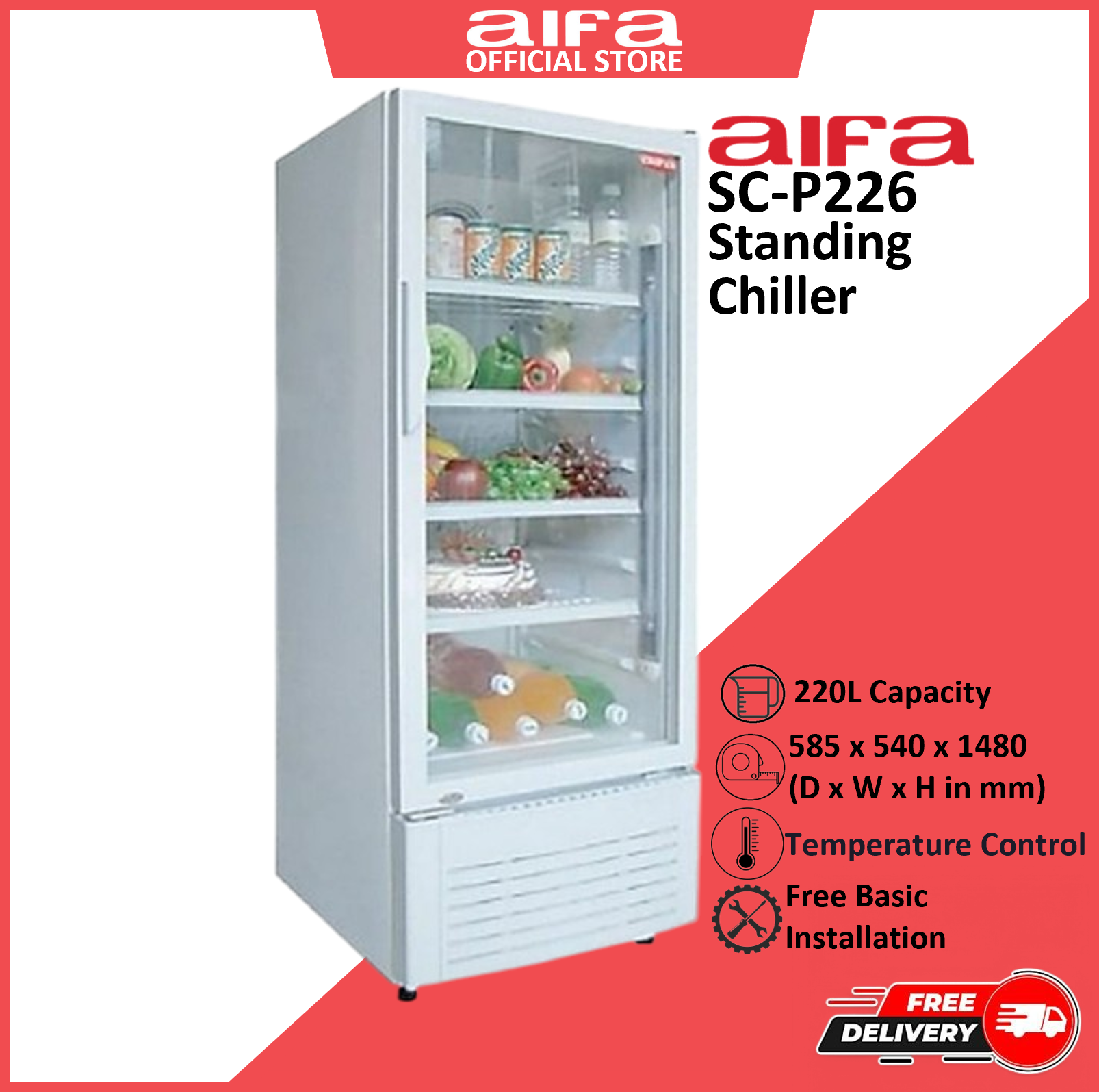 Aifa Standing Chiller, Drinks Display Showcase(4 Trays), 220L Capacity - SC-P226