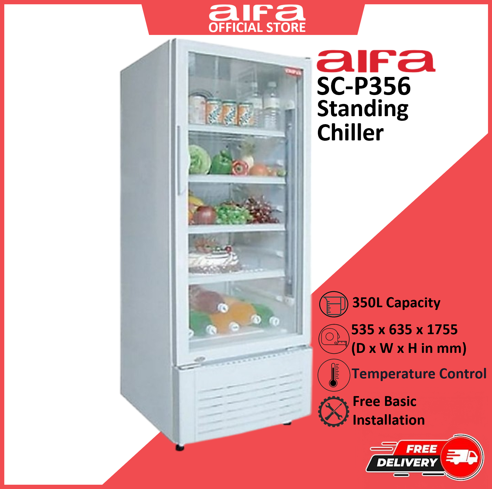 Aifa Standing Chiller, Drinks Display Showcase (4 Trays), 350L Capacity - SC-P356