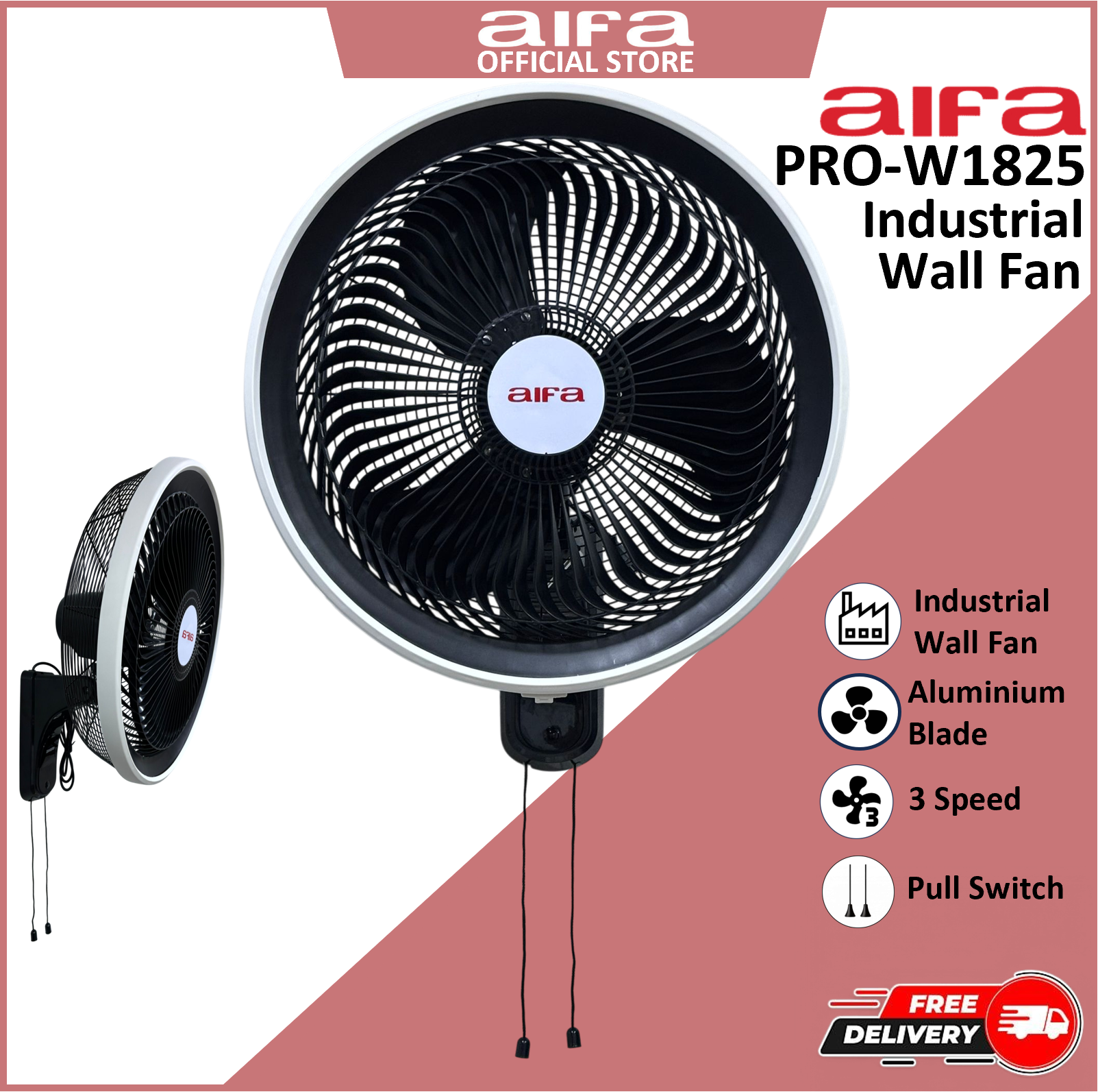 Aifa PRO-W1825 18-inch Wall Fan, 3 Speed, Aluminum blades, Modern, sleek design