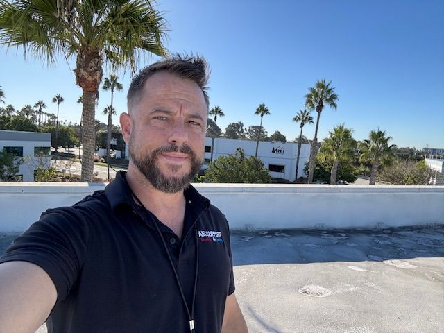 A man with a beard is taking a selfie on a rooftop with palm trees in the background