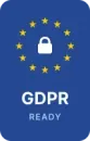A gdpr ready logo with a padlock and stars on a blue background.