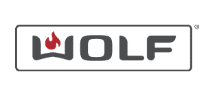 A wolf logo with a red flame on a white background.