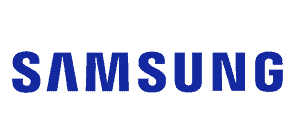 The samsung logo is blue and white on a white background.