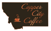 Copper City Coffee logo within a dark brown Montana shape; copper text, coffee cup illustration.