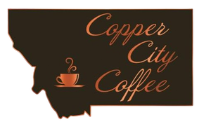 Copper City Coffee logo within a dark brown Montana shape; copper text, coffee cup illustration.