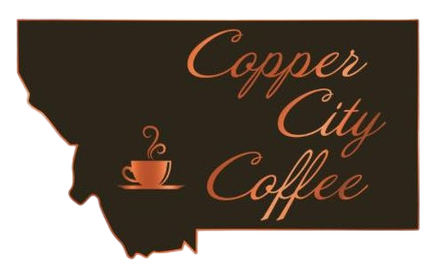 Copper City Coffee logo within a dark brown Montana shape; copper text, coffee cup illustration.
