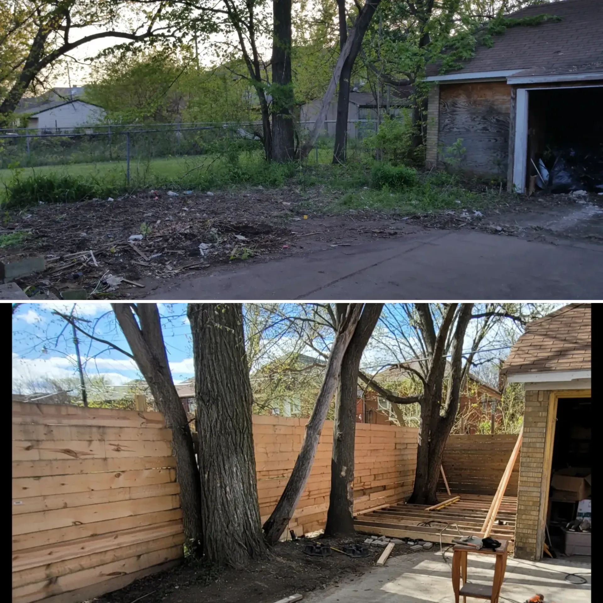 Before-and-after view of a backyard