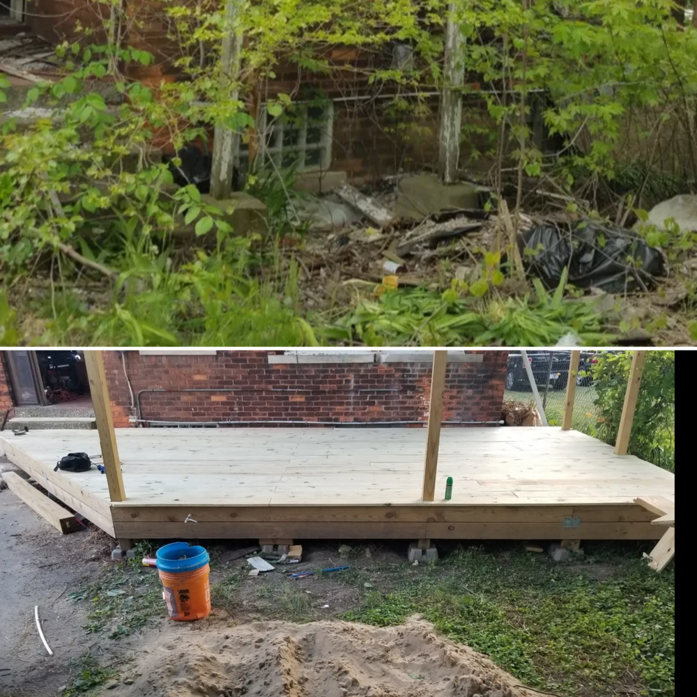 Ruined building facade overgrown with greenery