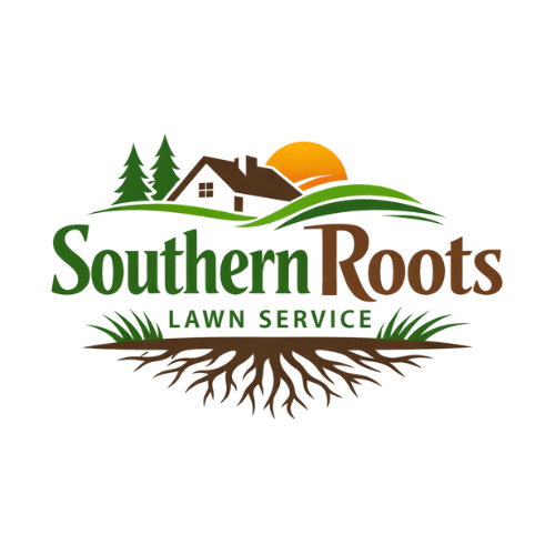 Southern Roots lawn service logo: house, trees, sun, green grass, brown roots.
