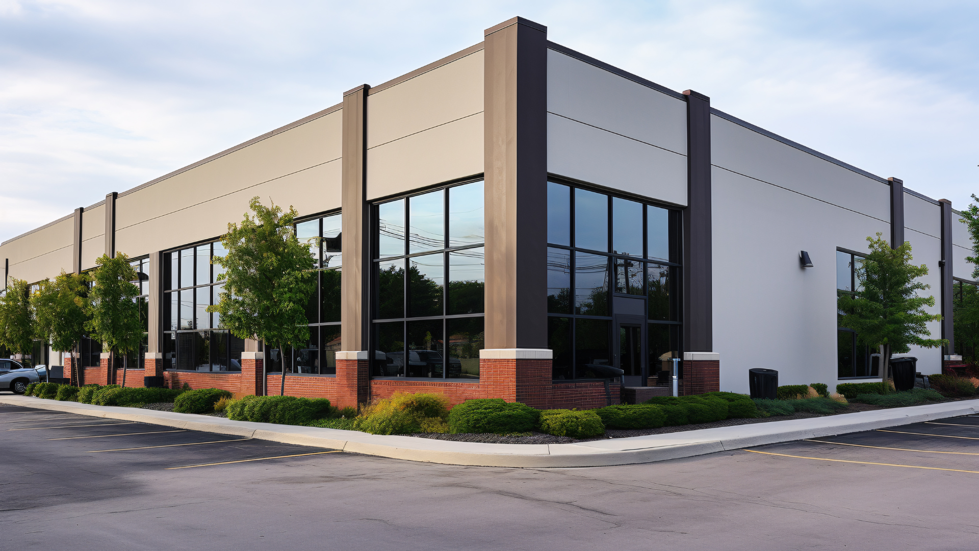 Modern, two-story commercial building with large windows and brick accents on a corner lot.