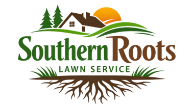 Logo for Southern Roots Lawn Service: green and brown text over an illustration of a house, trees, sun, and roots.