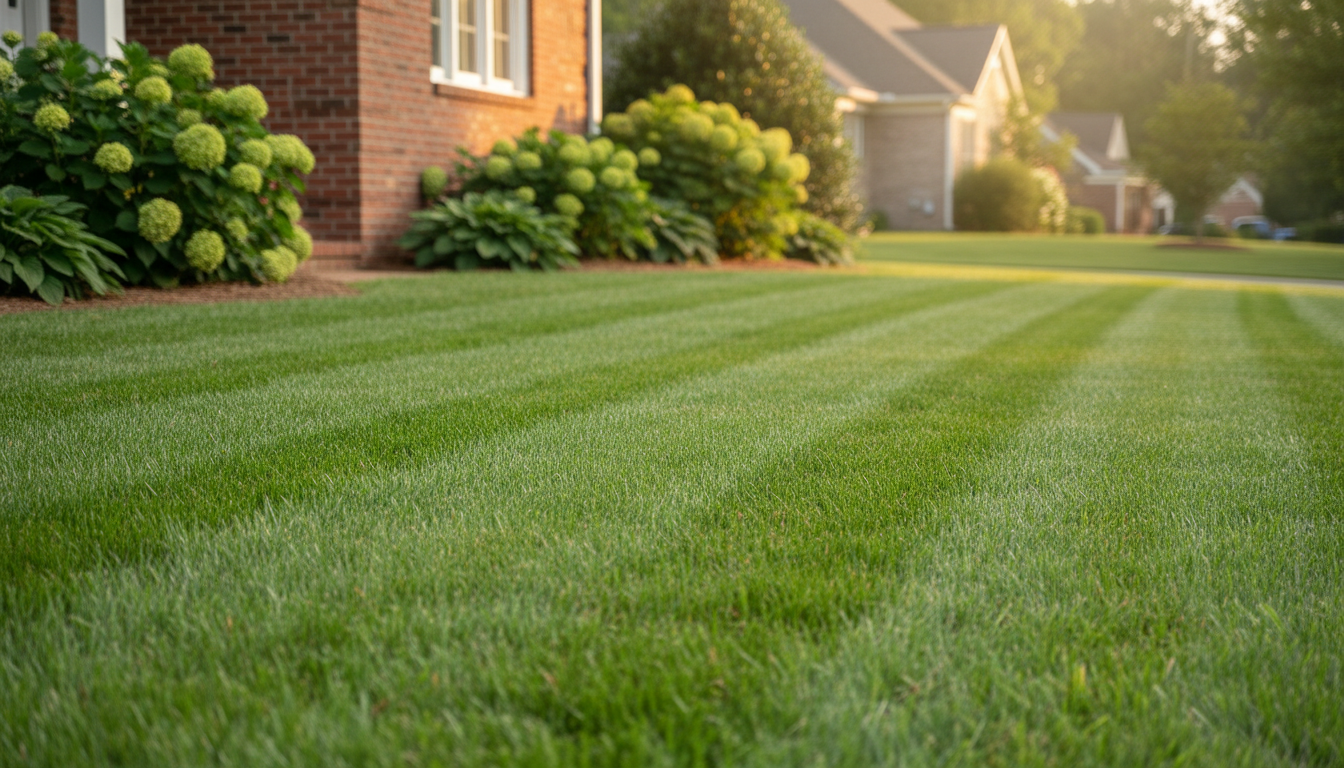 Green lawn with striped mowing pattern in front of a brick house.