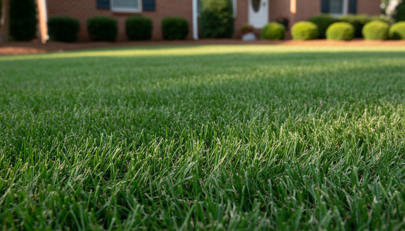 Close-up of vibrant green lawn in front of a house, bushes, and a door in the background.