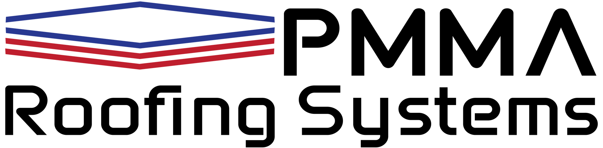 A logo for pmma roofing systems with a red , white and blue design