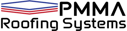 A logo for pmma roofing systems with a red , white and blue design