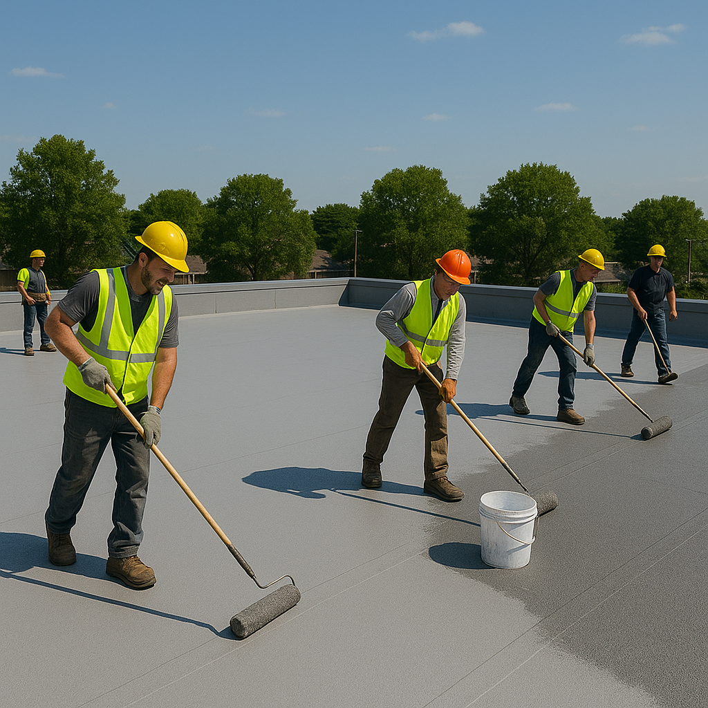 A group of construction workers are working on a roof