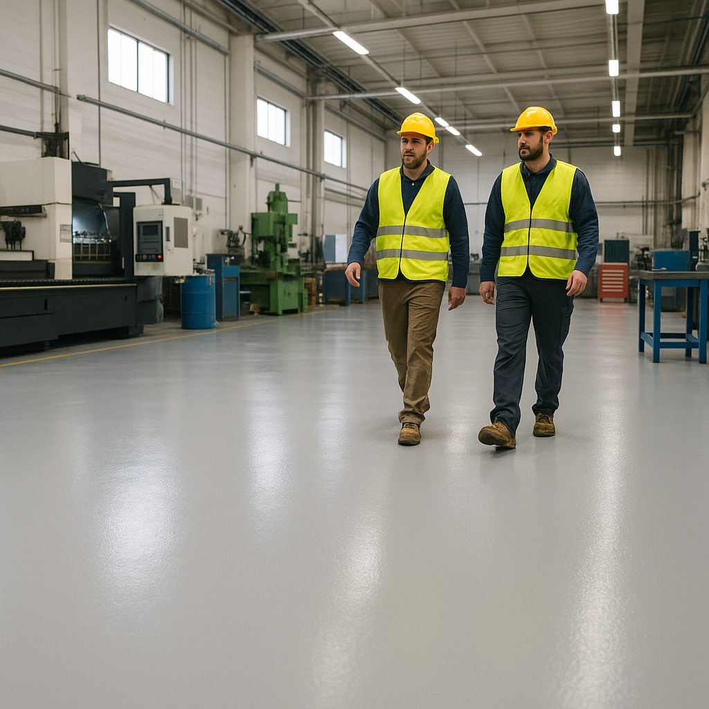 Two men wearing hard hats and yellow vests are walking in a factory.