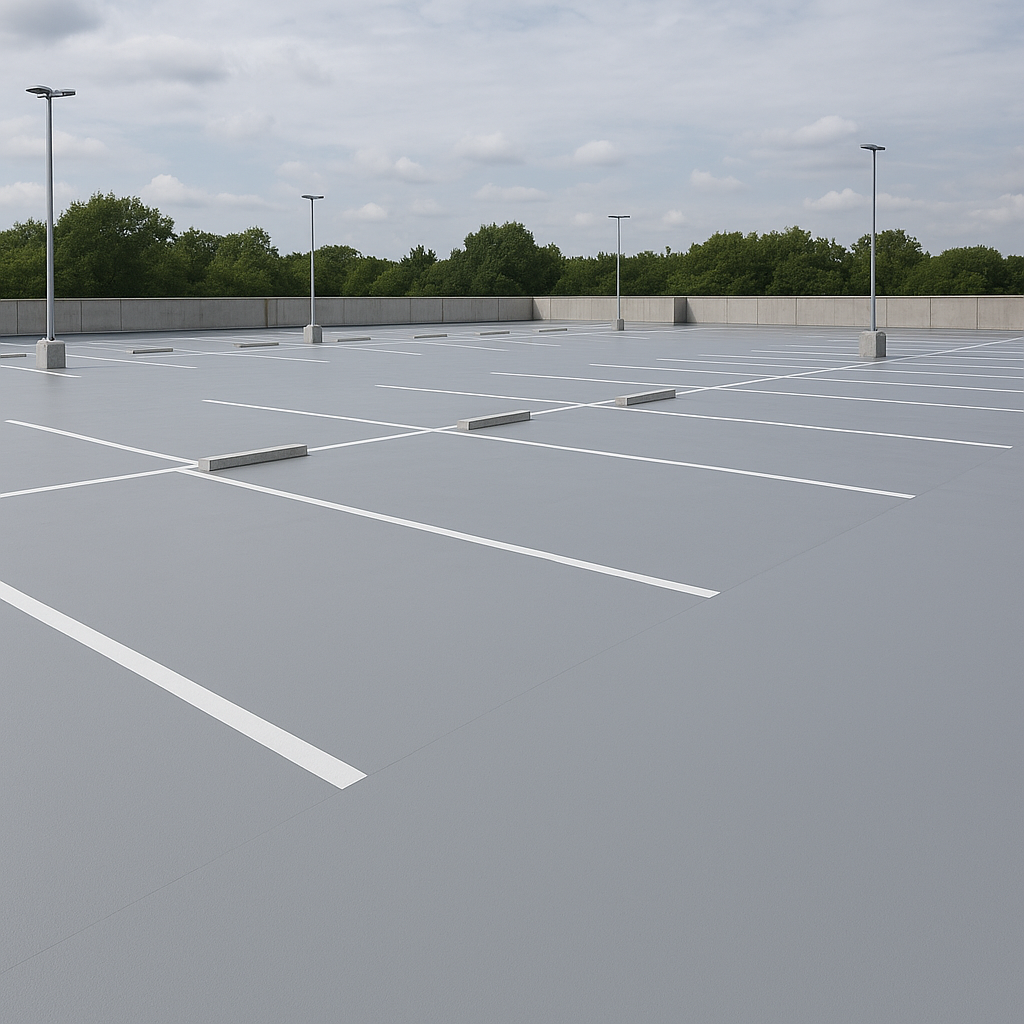 An empty parking lot with white lines and trees in the background