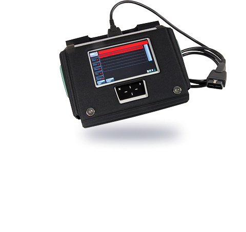 Black handheld device with a screen displaying data, connected cables, and a power port. | PJM Auto LLC