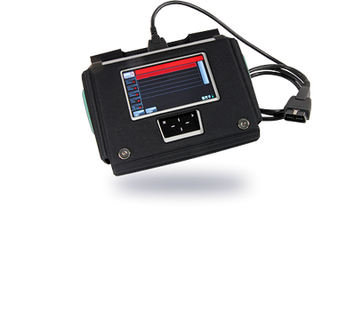 Black handheld device with a screen displaying data, connected cables, and a power port. | PJM Auto LLC