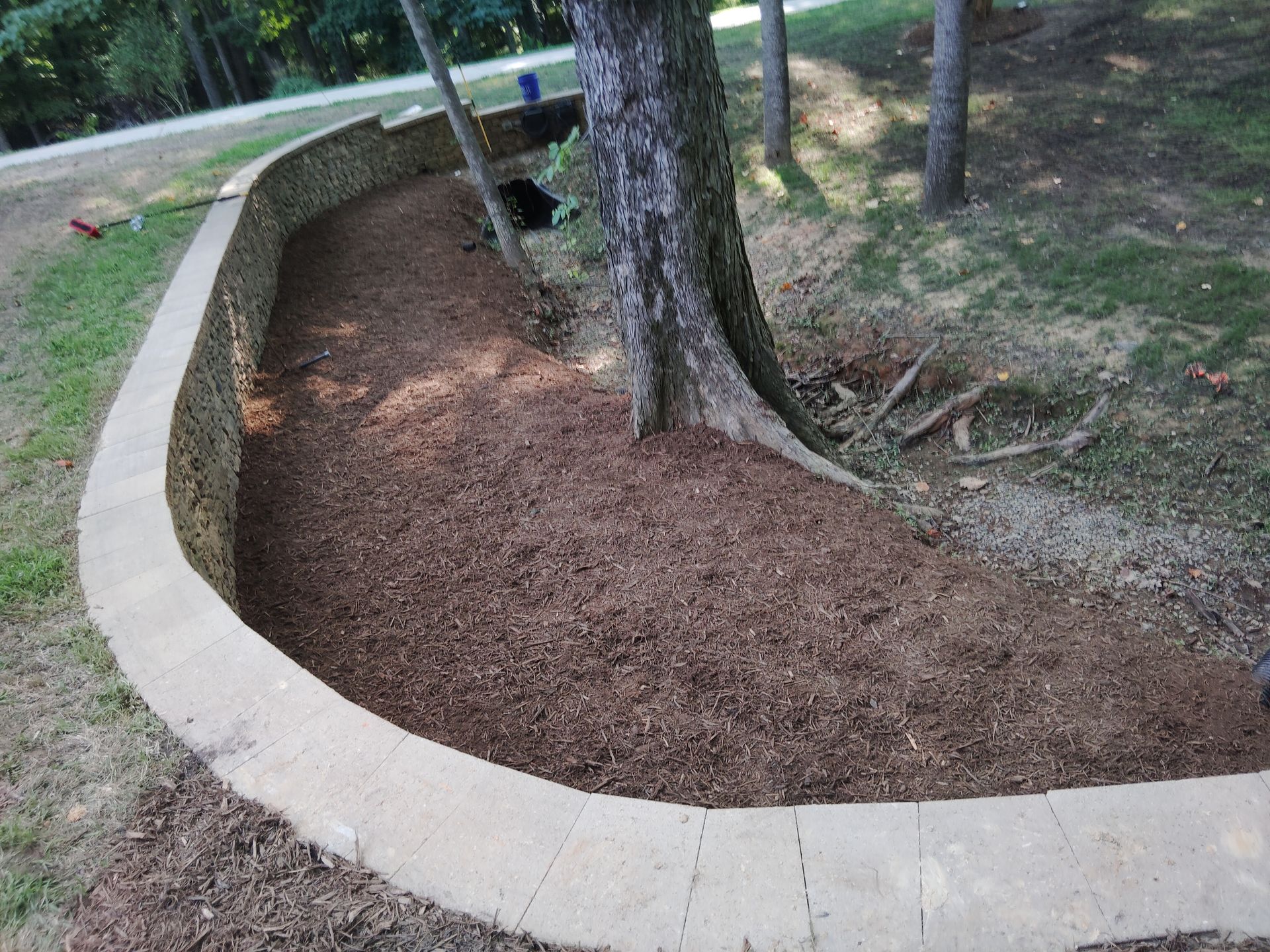 Stone-bordered mulch bed surrounds a tree trunk, on a grassy area.