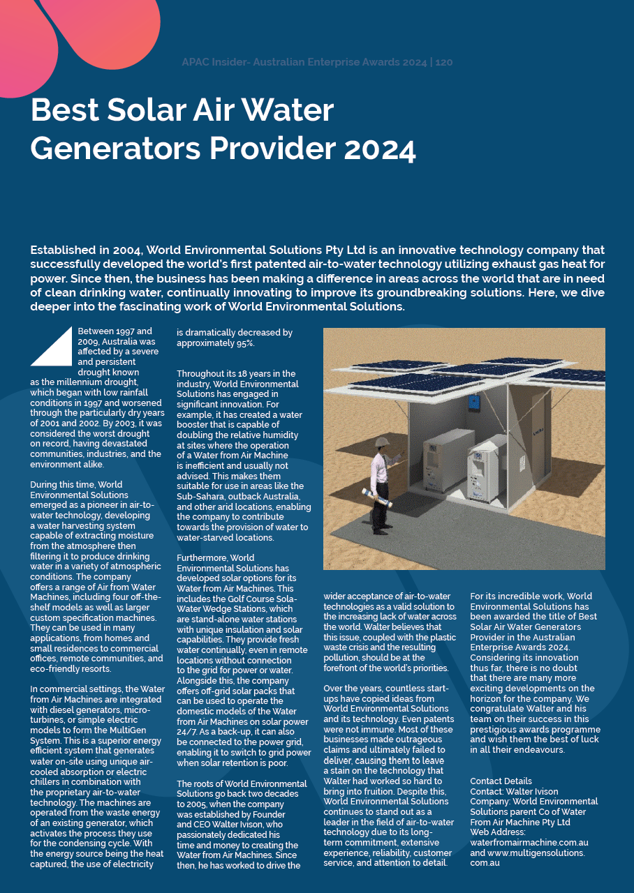 APAC Insider Article- Australia Enterprise Awards 2024 - Best Solar Air Water Generators Provider