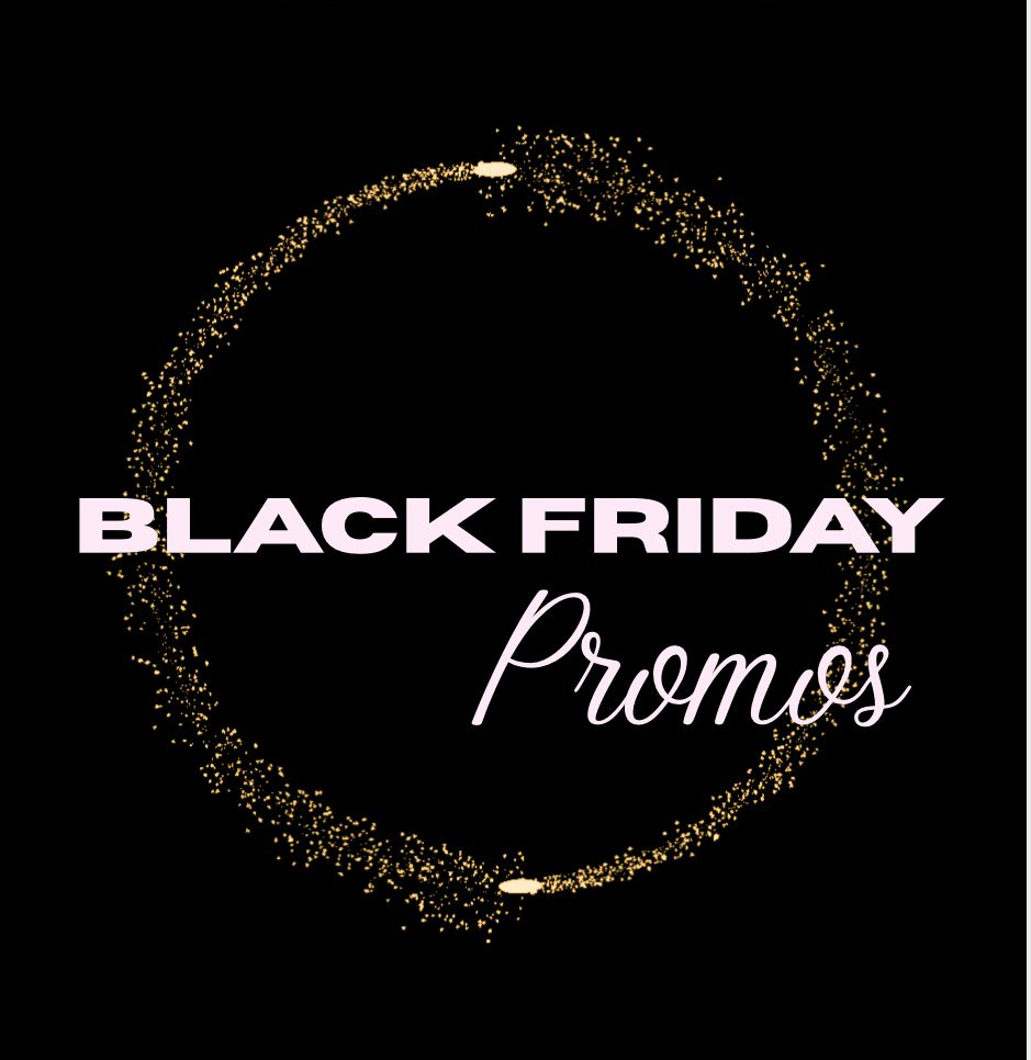 Black Friday promos text in white, inside a sparkly gold ring on a black background.