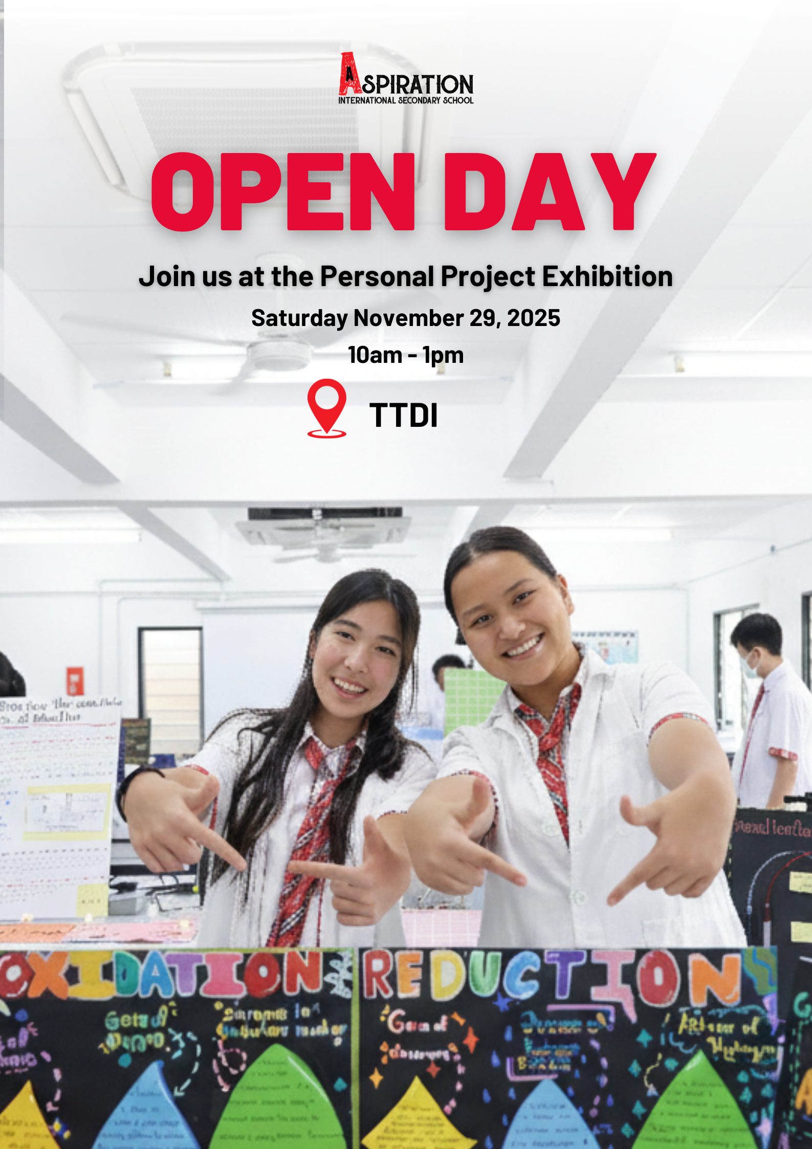 Open day flyer with students pointing at a science project. Date: November 25, 2023. Time: 10am-1pm.