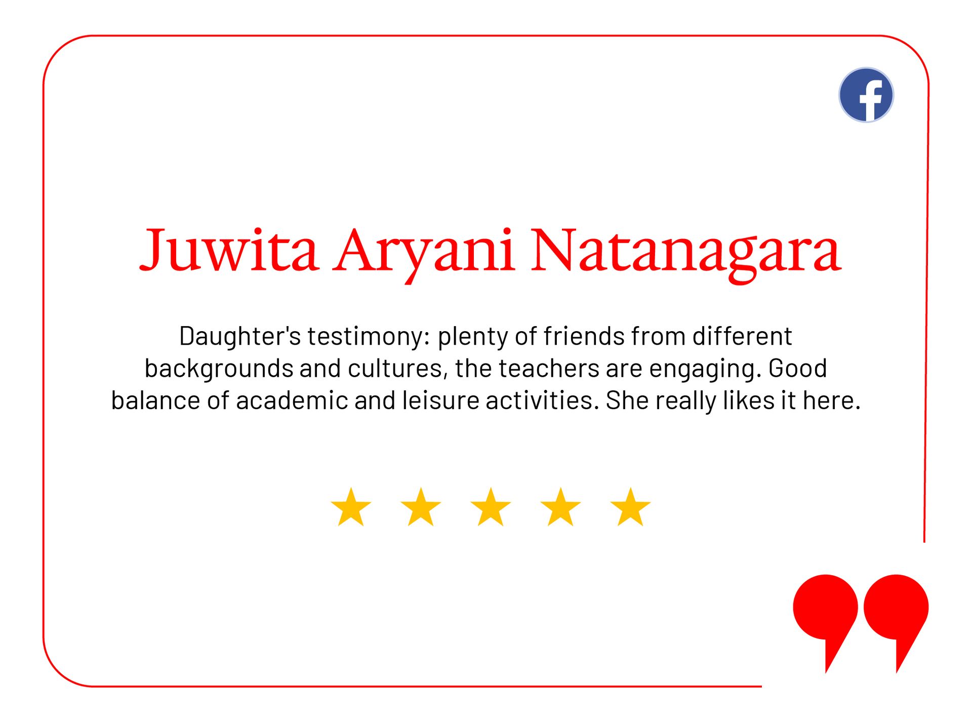 A 5-star review from Jacqueline Chew, praising the school's teachers and principal, on a white background with a red border.