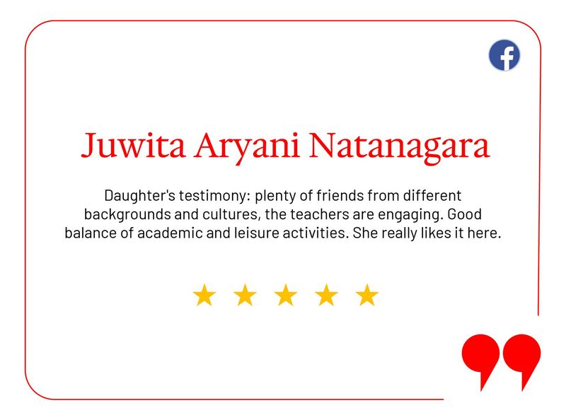 A 5-star review from Jacqueline Chew, praising the school's teachers and principal, on a white background with a red border.