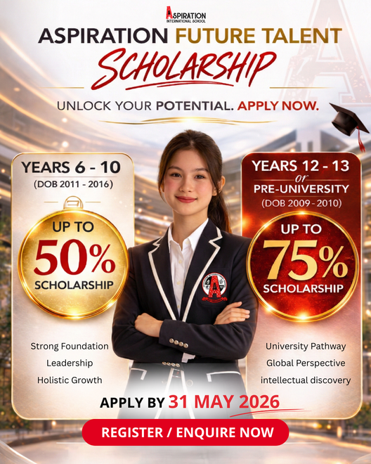 Aspirational scholarship ad for students in years 6–10 and 12–13, offering up to 75% tuition aid. Deadline: 31 May 2026.