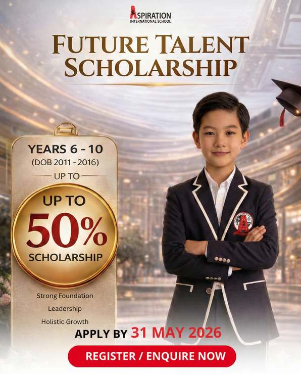 A scholarship advertisement for students in years 6-10, offering up to 50% off. Apply by 31 May 2026. Includes a register button.