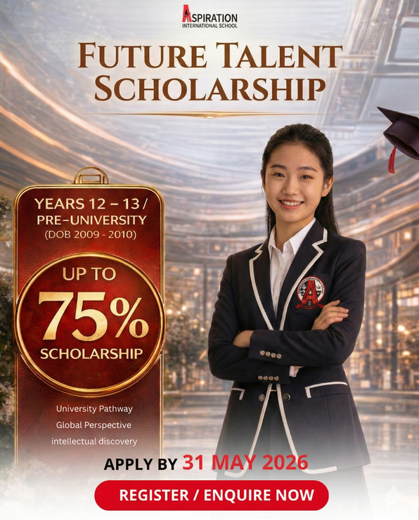 Scholarship advertisement for pre-university students, featuring a smiling student, with a register button and deadline.