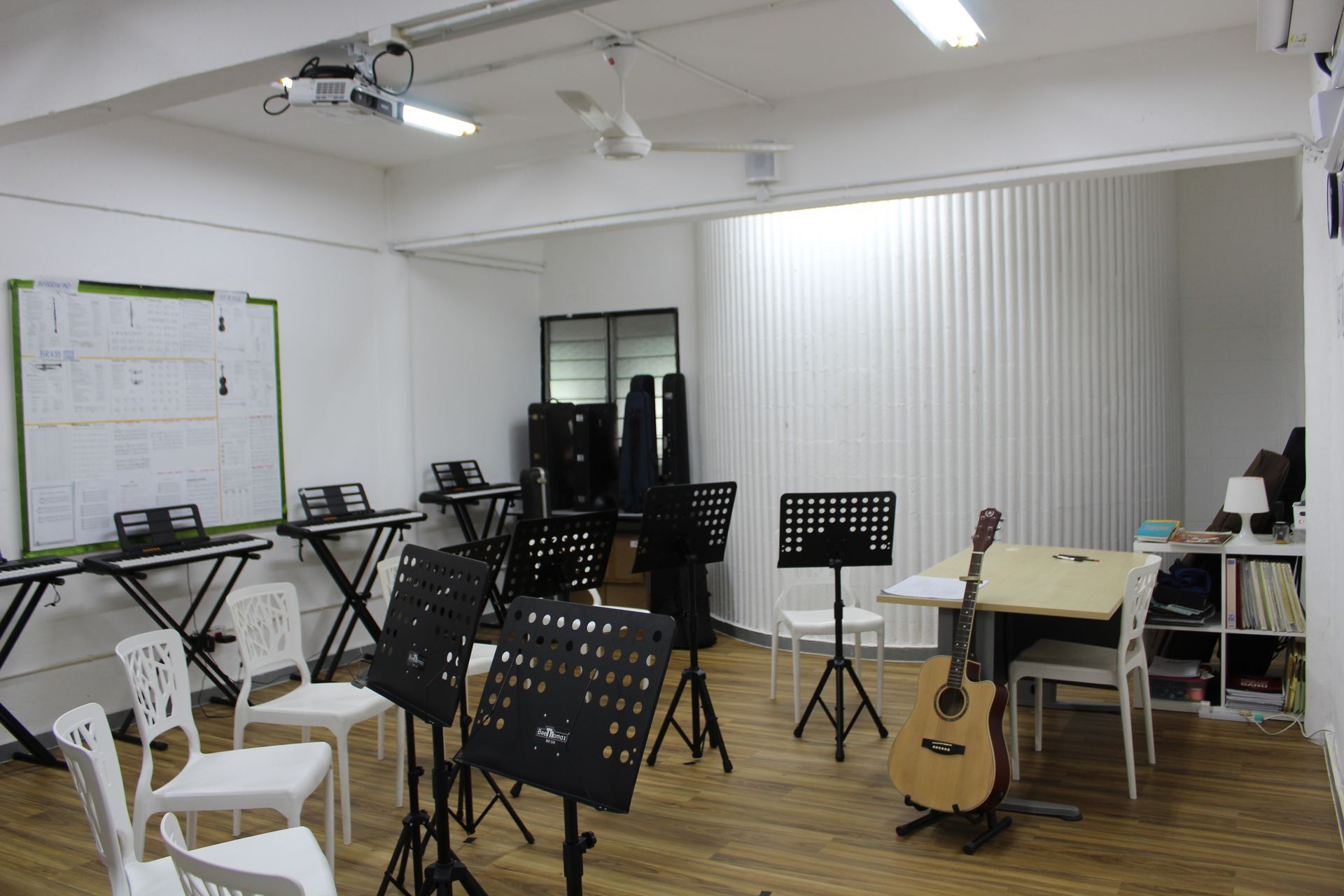 Music room with keyboards, sheet music stands, guitar, and white chairs.