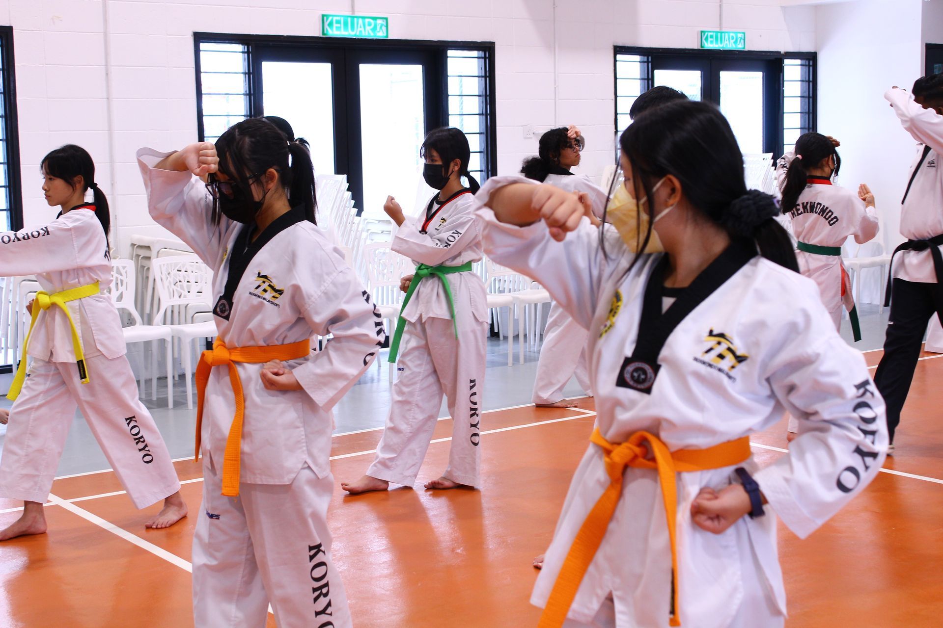 People in martial arts uniforms practice punches indoors. They wear colored belts.
