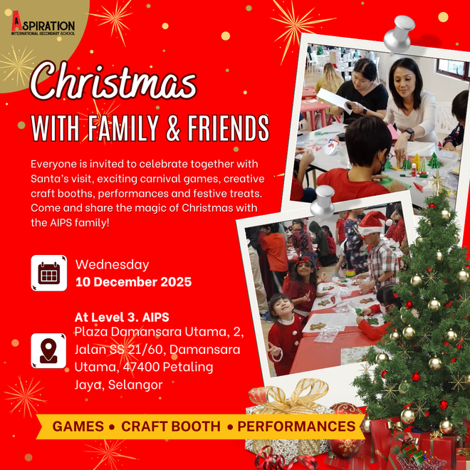 Christmas event flyer: Red background, photos of people at craft tables, Christmas tree. Details: games, craft booth, performances.