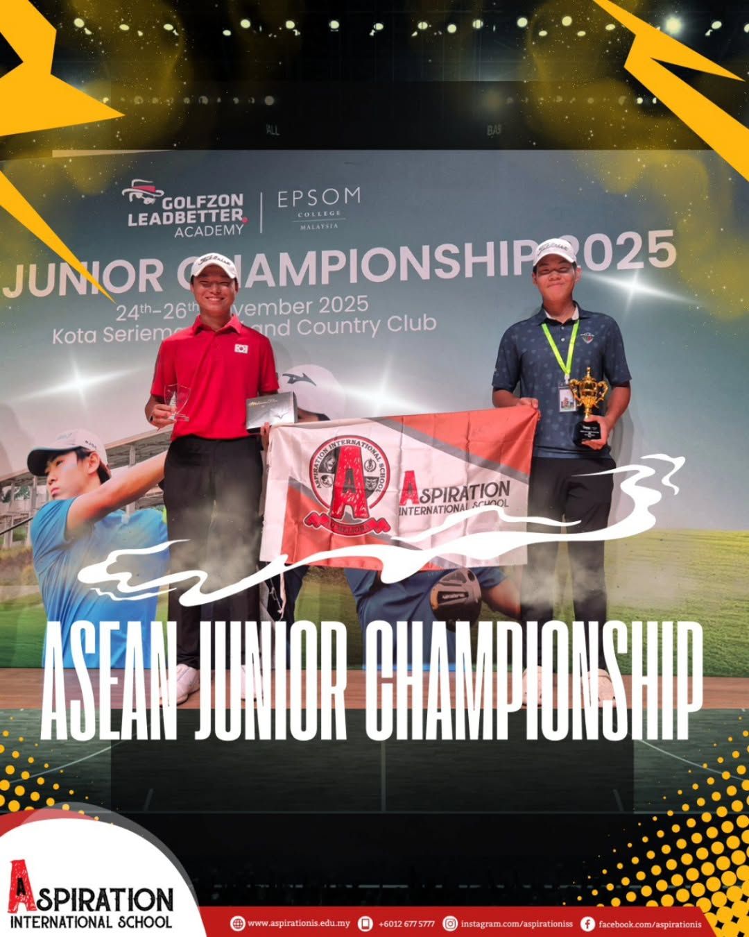 Three people at the Golfzon Leadbetter Junior Championship 2025, holding a banner for Aspiration International School.